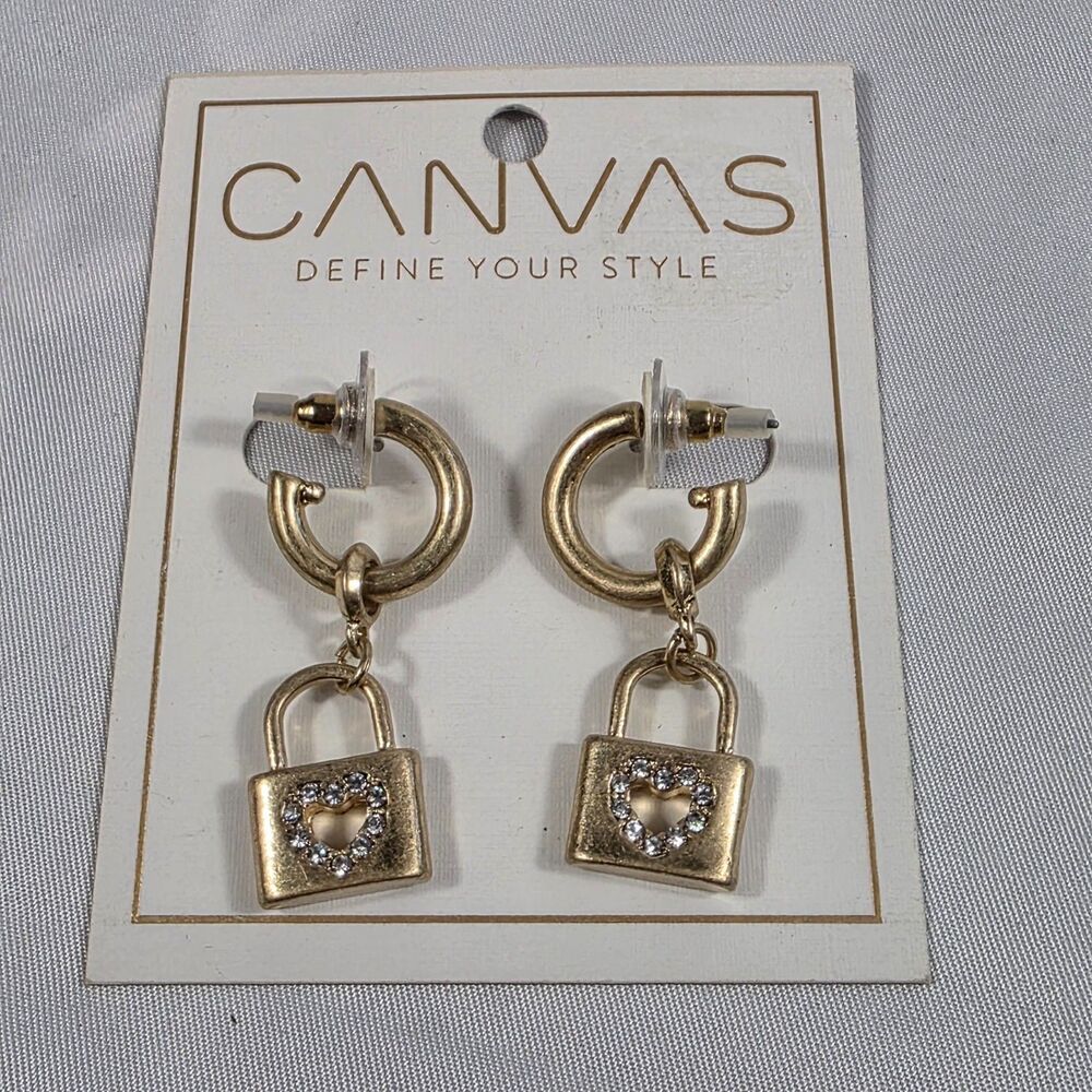 Canvas Gold-Tone Padlock Charm Earrings Heart Shaped Cutout Pavé-Set Crystals